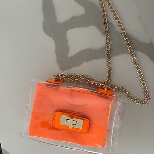 Y2K Clear Jelly Bag Purse With Gold Chain Strap and Hardware - Clear and Orange